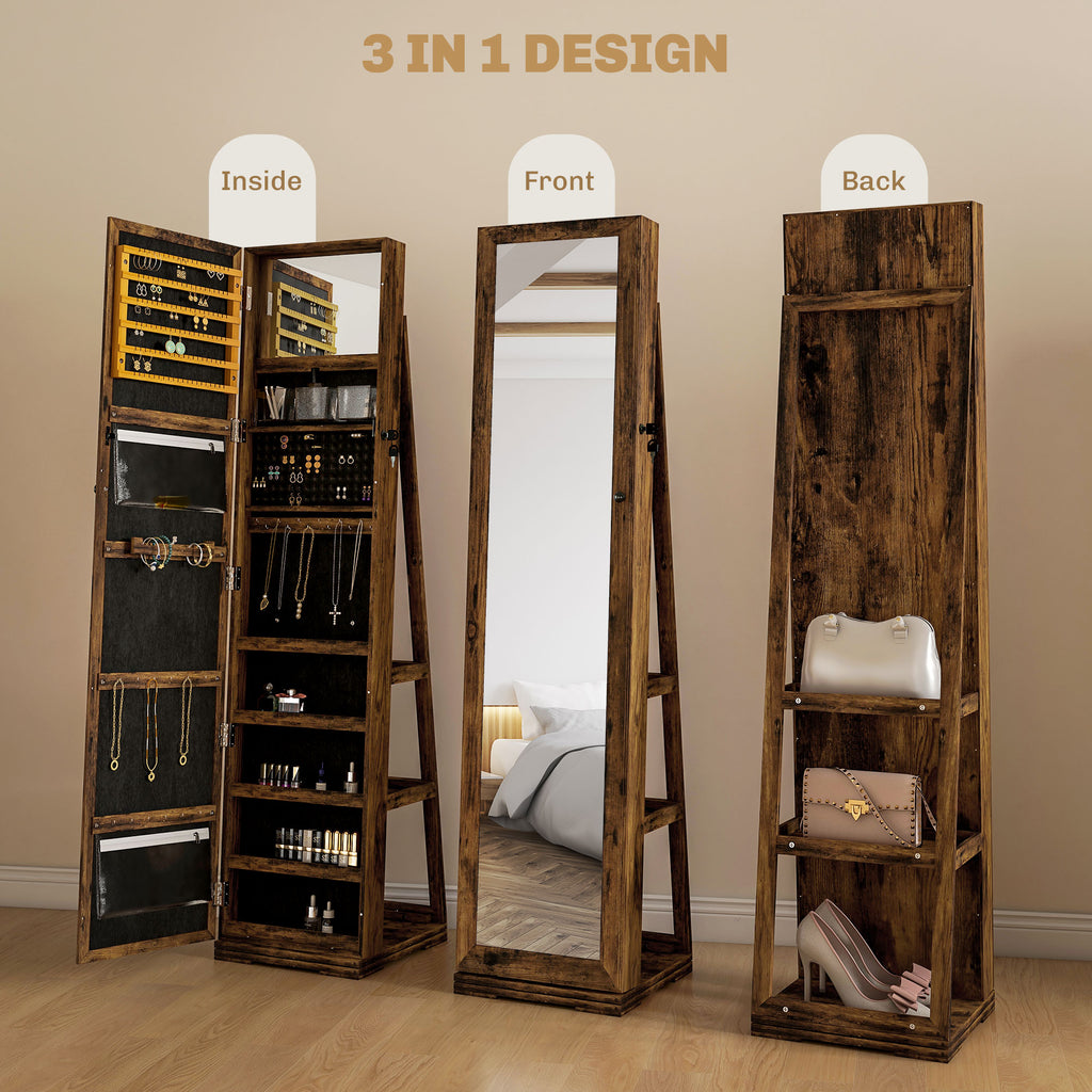 Jewelry Cabinet with Full Length Mirror - 360° Swivel Lockable Organizer - Rustic Brown