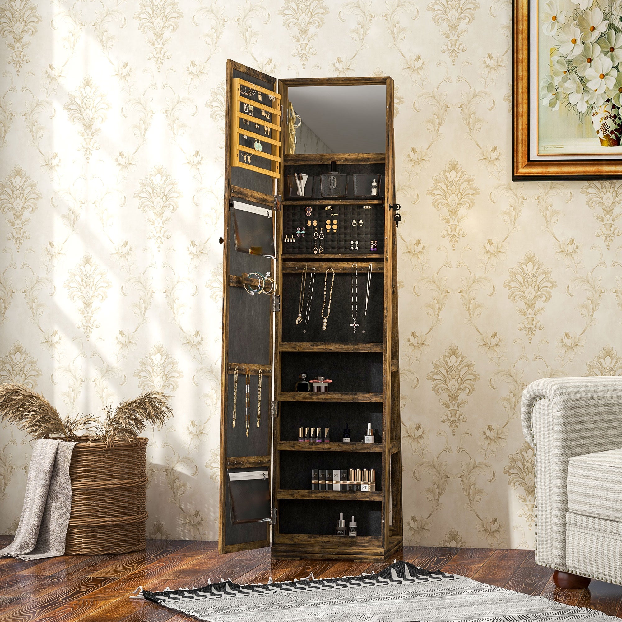 Jewelry Cabinet with Full Length Mirror - 360° Swivel Lockable Organizer - Rustic Brown