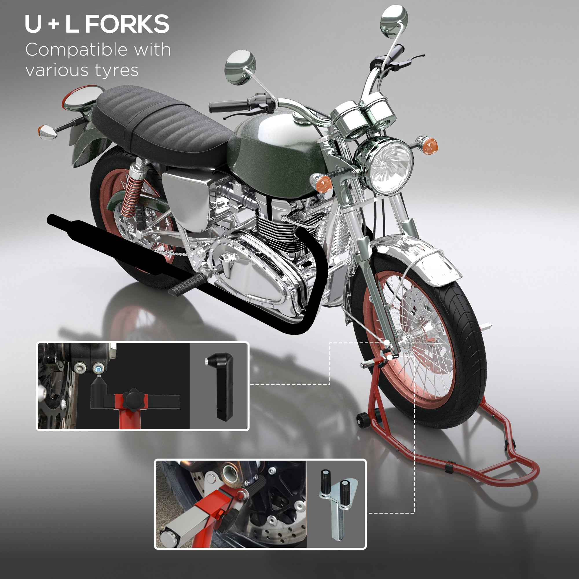 Rear Motorcycle Paddock Stand with U & L Shaped Adapters - 200kg Capacity - Red