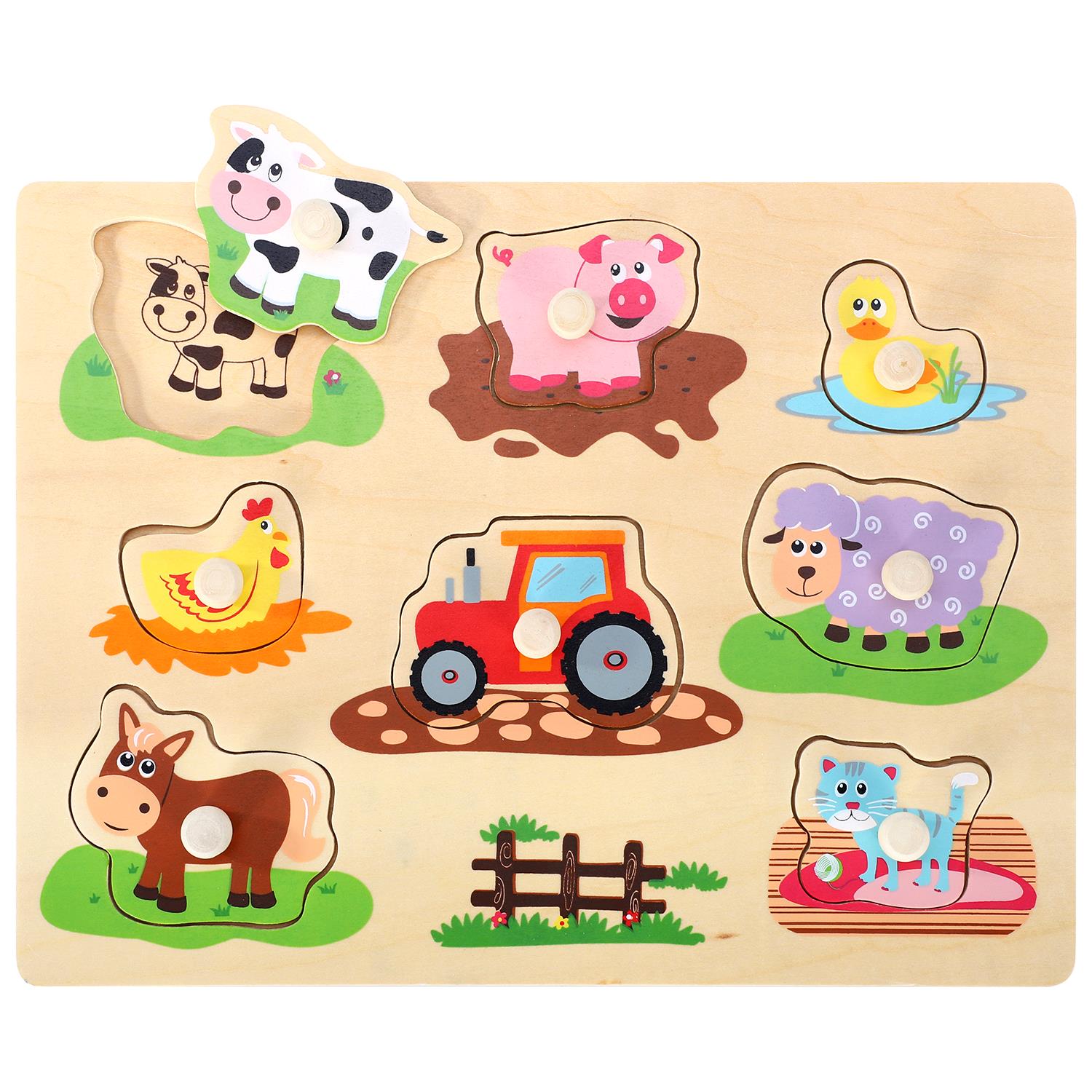 SOKA Farm Peg Puzzle featuring colorful farm animals and easy-to-grasp pegs, ideal for young children’s learning play.