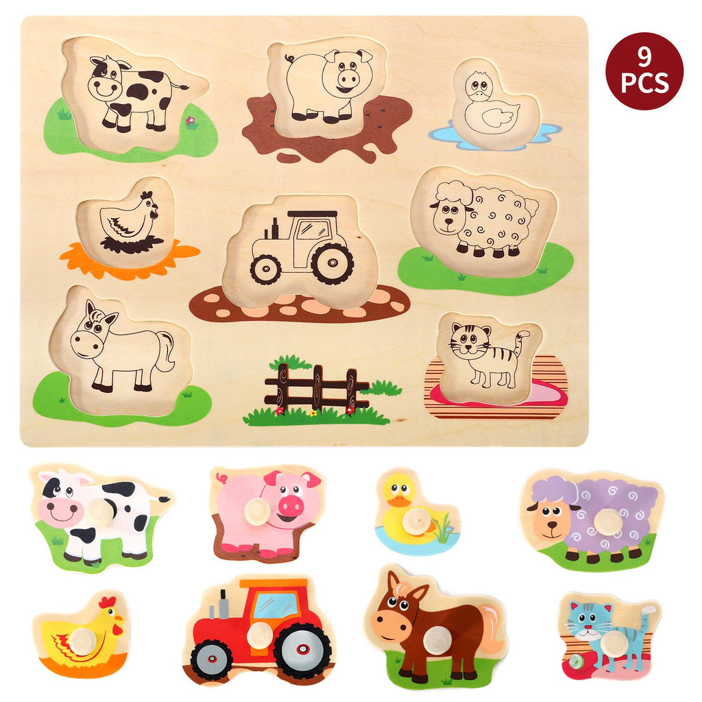 SOKA Farm Peg Puzzle featuring colorful farm animals and sturdy pegs for easy grasping, designed for young children.