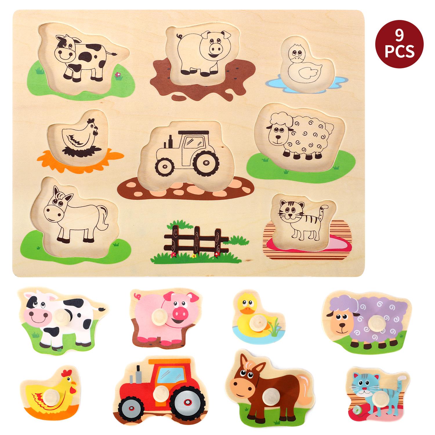 SOKA Farm Peg Puzzle featuring colorful farm animals and sturdy pegs for easy grasping, designed for young children.