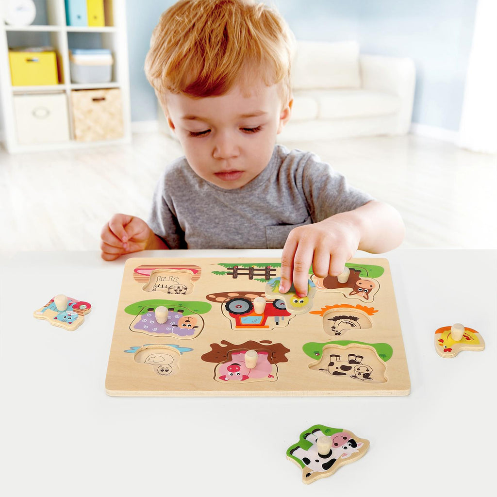 SOKA Farm Peg Puzzle featuring colorful animal shapes for children, part of the FunZone line by SOKA Play Imagine Learn.