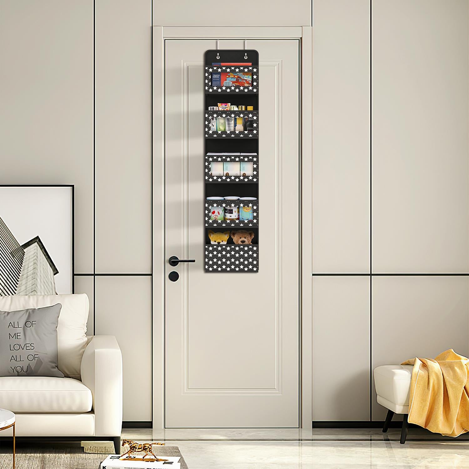 5-tier black hanging organizer by Vinsani, designed for over-door storage, measuring 126cm tall.