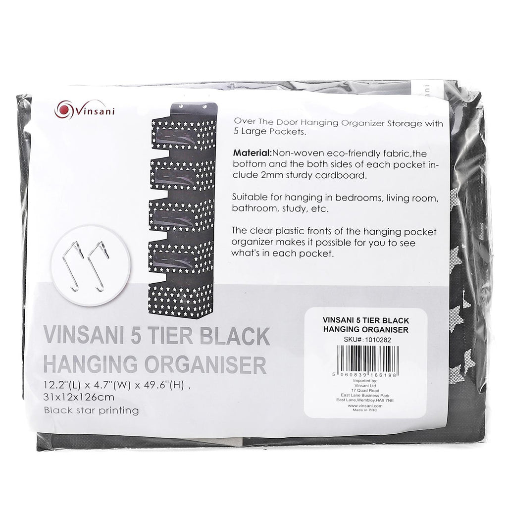 5-tier over door hanging organizer in black by Vinsani, showcasing multiple storage compartments and sleek design.