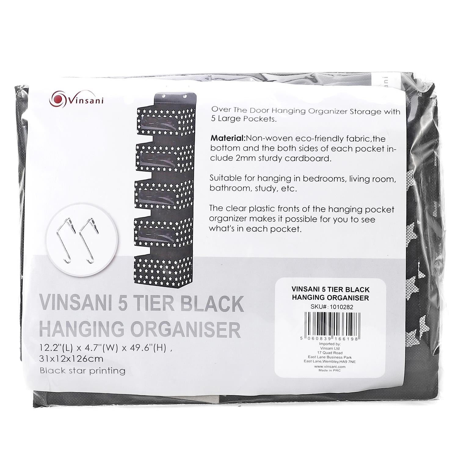 5-tier over door hanging organizer in black by Vinsani, showcasing multiple storage compartments and sleek design.