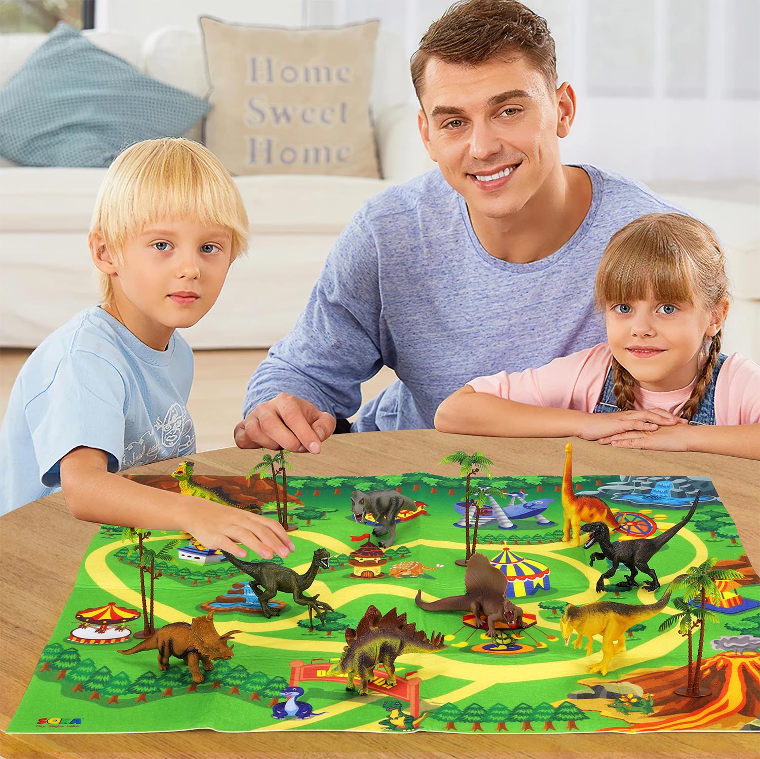 Jurassic Park-themed dinosaur playset with 9 figures and playmat by SOKA Play Imagine Learn, featuring colorful dinosaurs.