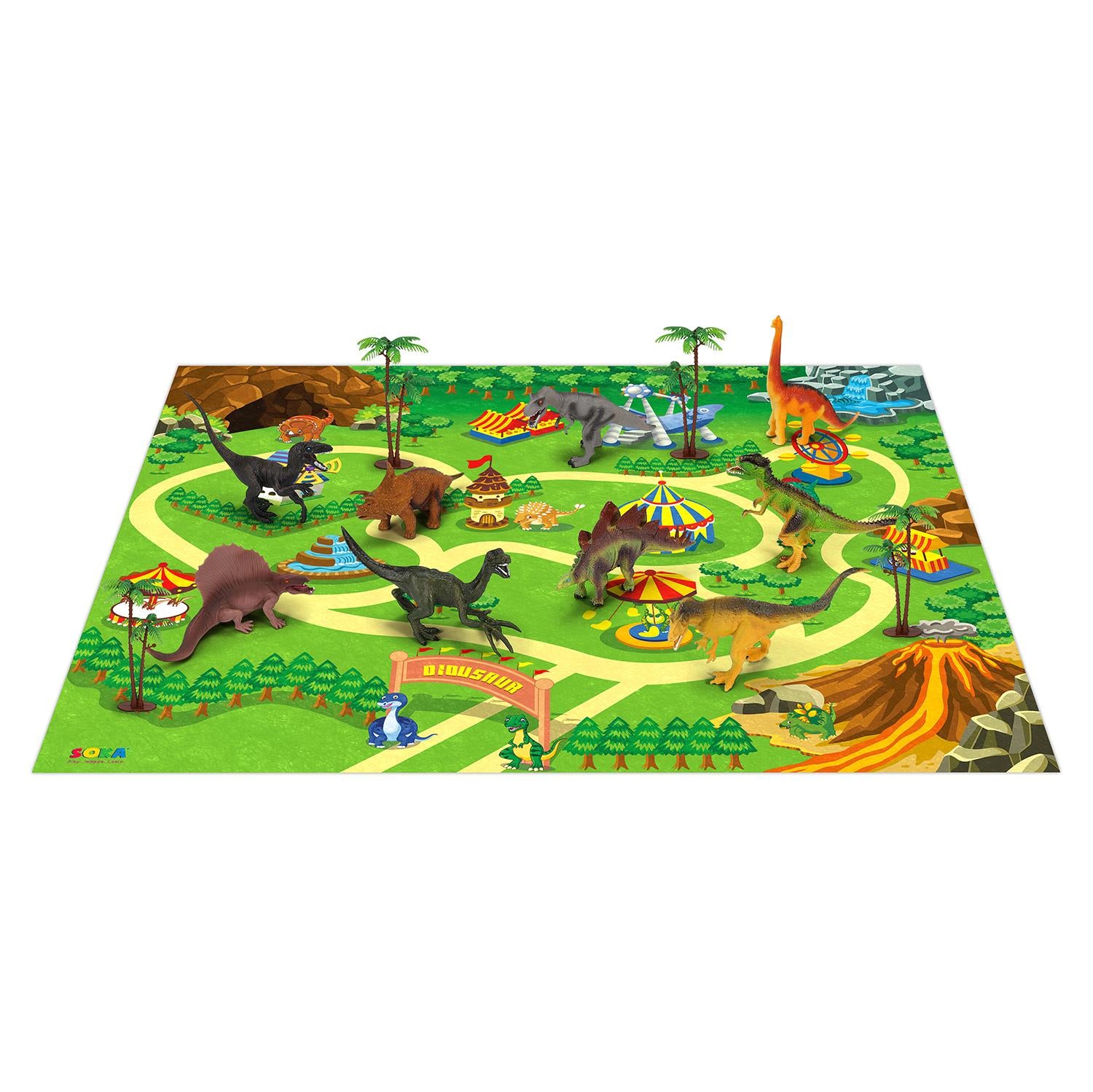 Dinosaur playset featuring 9 figures and a playmat, themed around Jurassic Park by SOKA Play Imagine Learn.