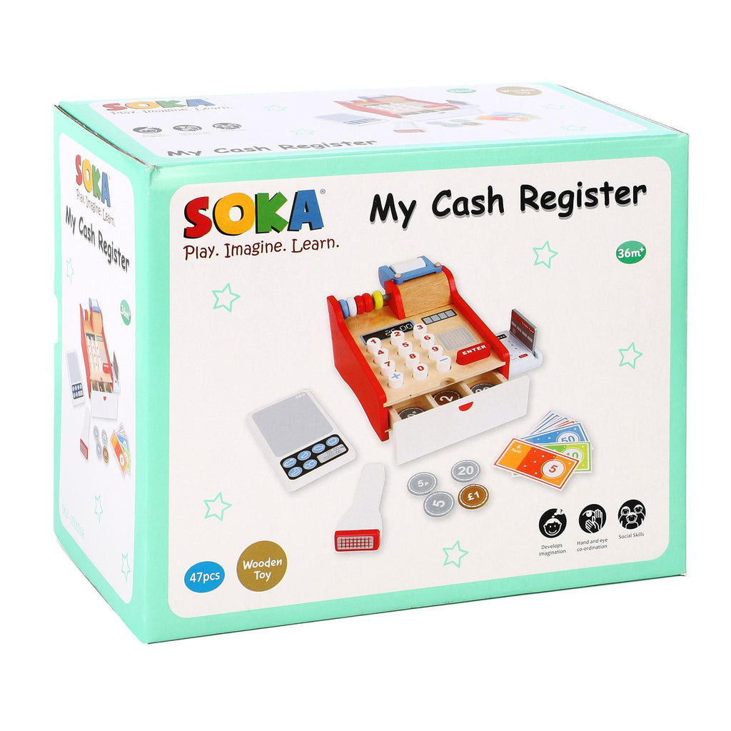 Colorful SOKA My Cash Register from SOKA Play Imagine Learn, featuring buttons, a display, and play money for kids.