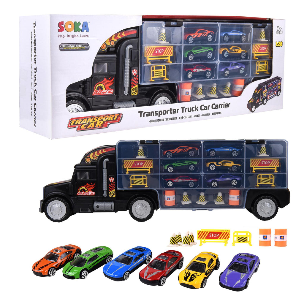SOKA Transporter Truck 0009523 from FunZone, featuring colorful design and multiple toy vehicles for imaginative play.