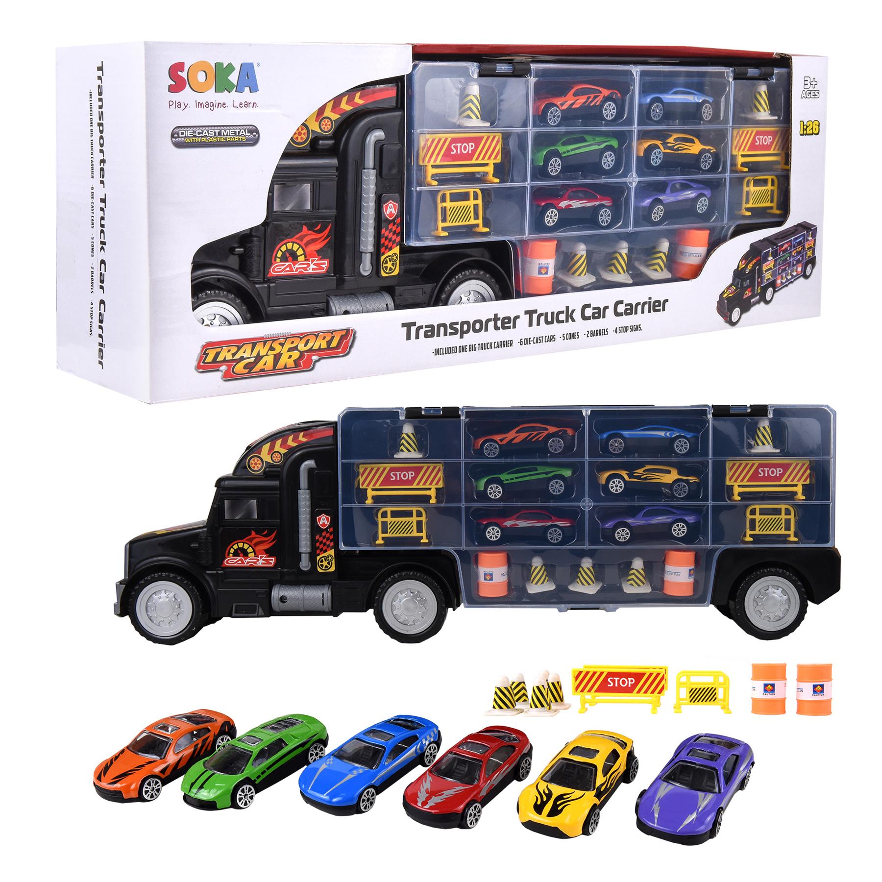 SOKA Transporter Truck 0009523 from FunZone, featuring colorful design and multiple toy vehicles for imaginative play.