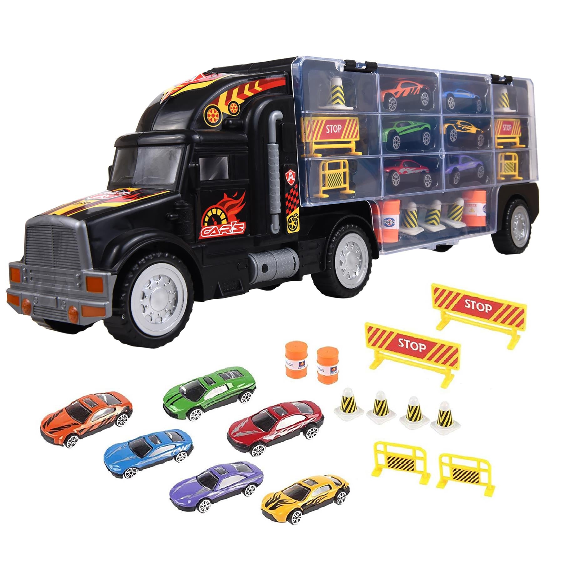 SOKA Transporter Truck 0009523 from FunZone, featuring colorful design and multiple toy vehicles on a flatbed.