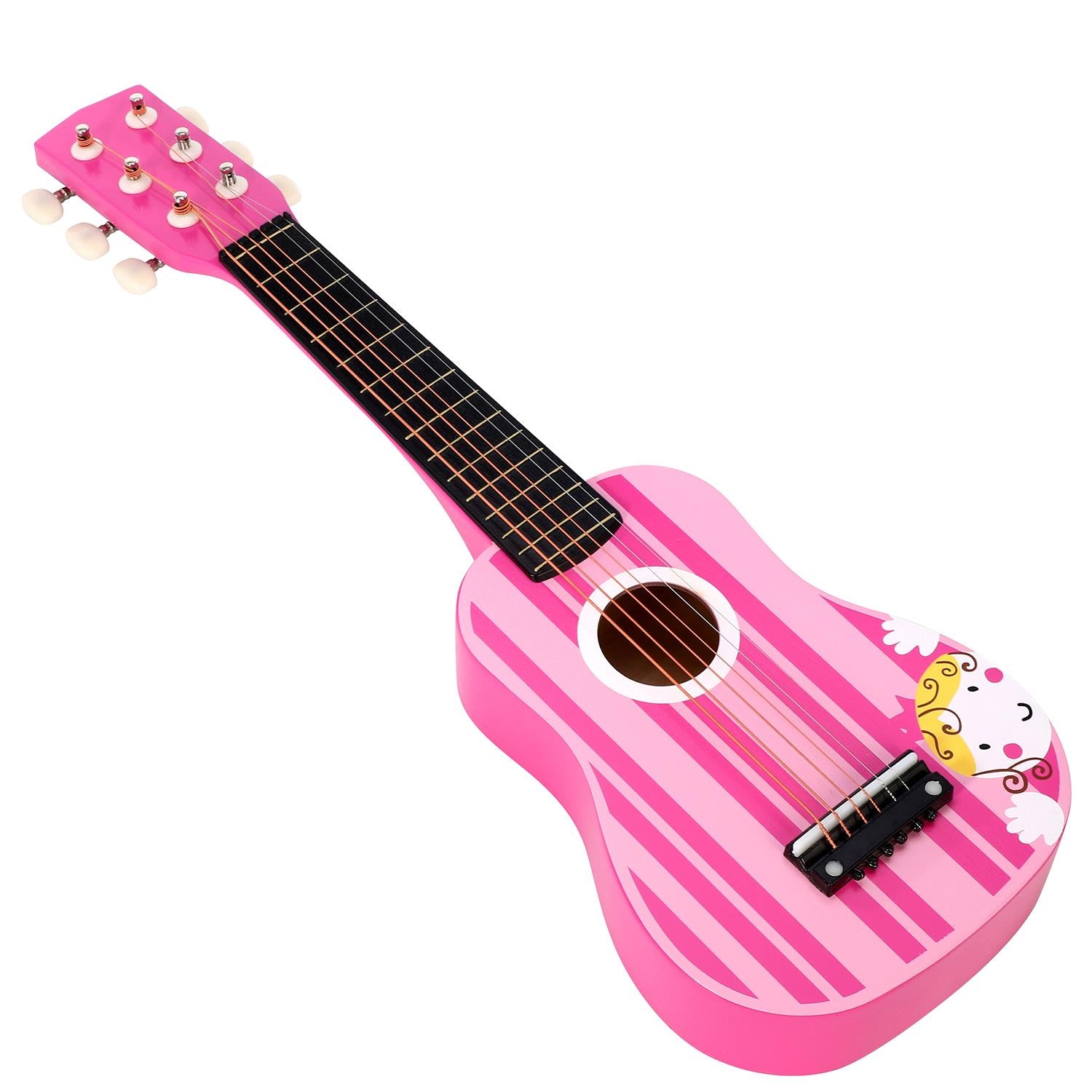 SOKA pink striped wooden guitar toy for kids, ideal for pretend play and early musical development for ages 3 and up.