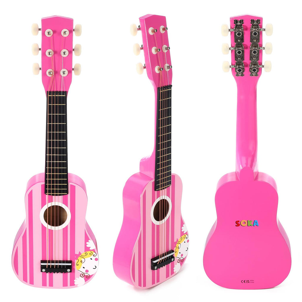 SOKA wooden pink striped guitar toy for kids, perfect for interactive pretend play and early musical development.