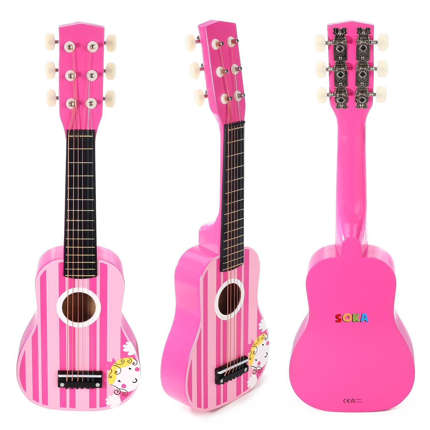 SOKA wooden pink striped guitar toy for kids, perfect for interactive pretend play and early musical development.