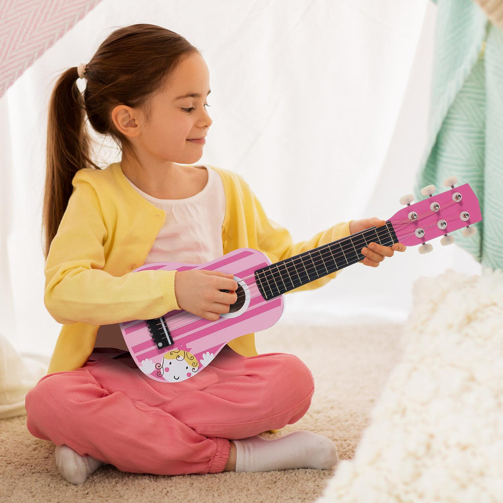 SOKA pink striped wooden guitar toy for pretend play, designed for toddlers and kids aged 3 and up.