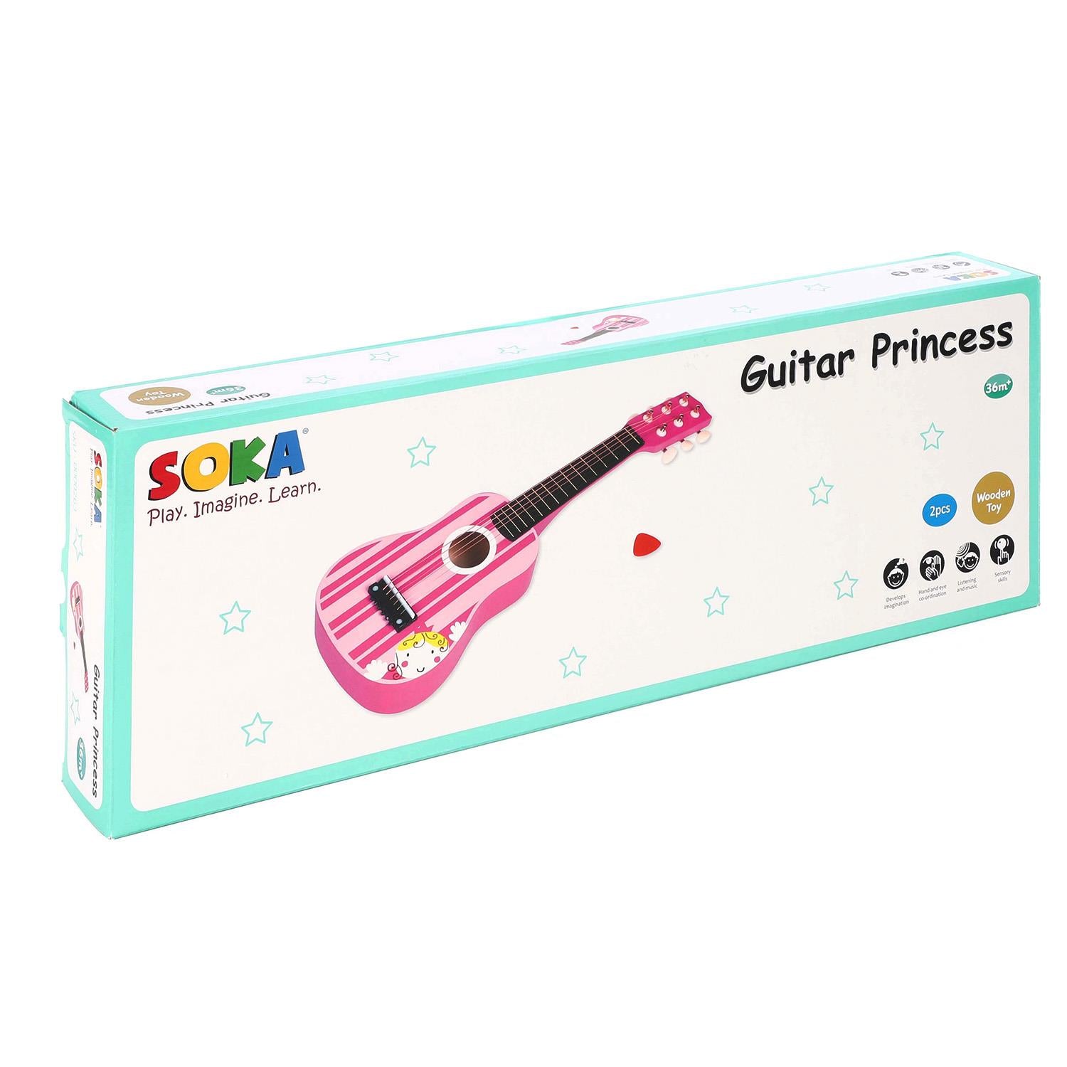 SOKA wooden pink striped guitar toy for kids, designed for interactive role play and early musical development.