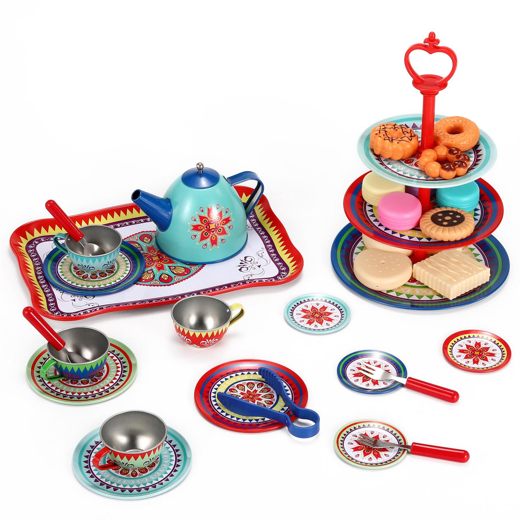SOKA Afternoon Party Tea Set with colorful cups, teapot, and saucers for imaginative play by SOKA Play Imagine Learn.