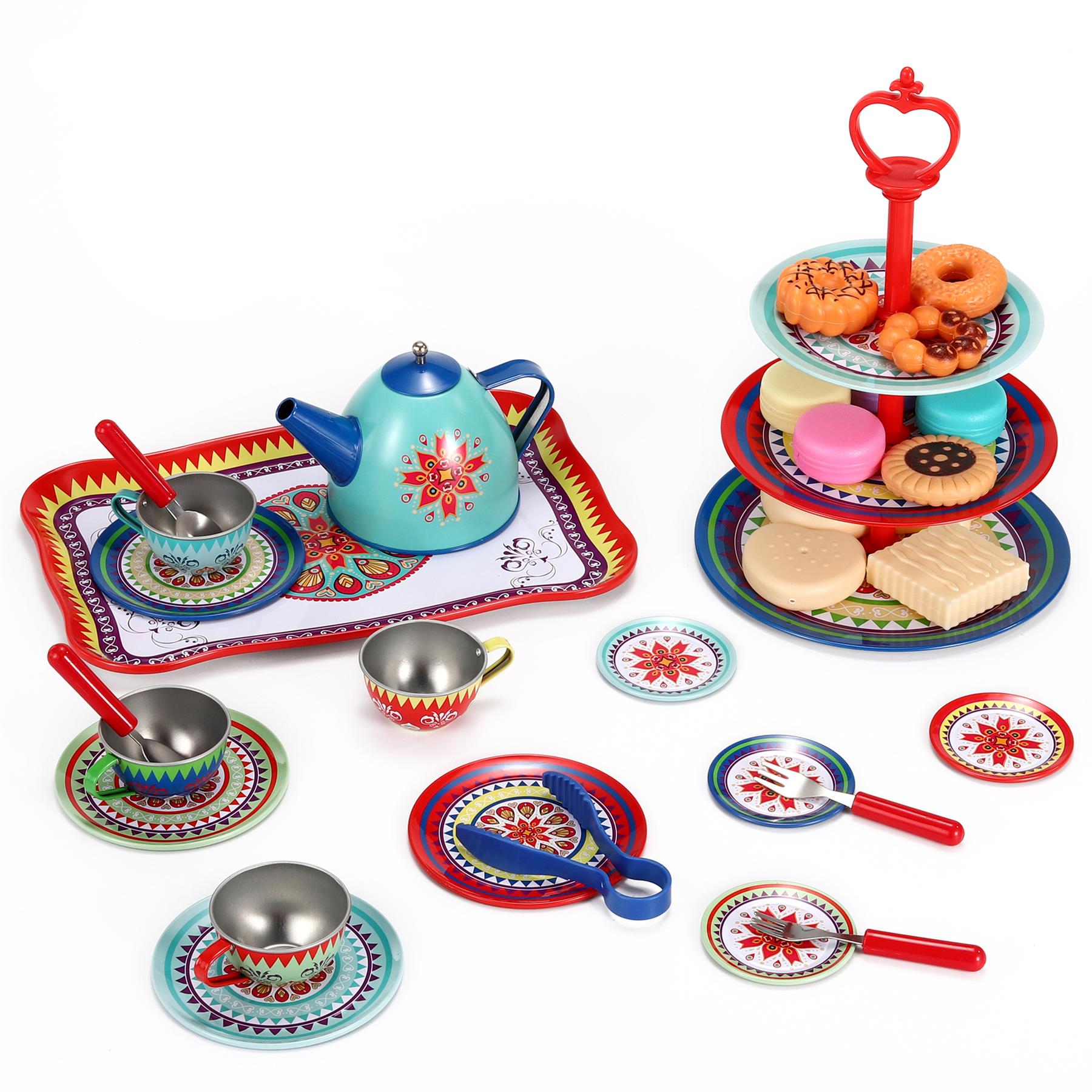 SOKA Afternoon Party Tea Set with colorful cups, teapot, and saucers for imaginative play by SOKA Play Imagine Learn.