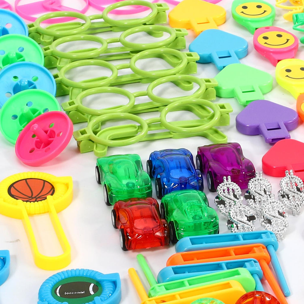 120-piece party bag favor pack by SOKA with 24 unique eco-friendly designs displayed in colorful arrangements.