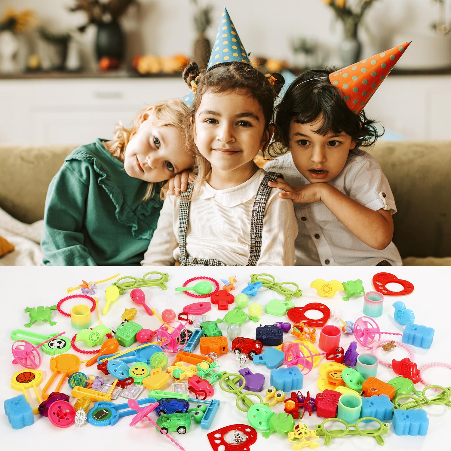 Eco-friendly 120-piece party bag favor pack by SOKA Play Imagine Learn, featuring 24 unique designs for celebrations.