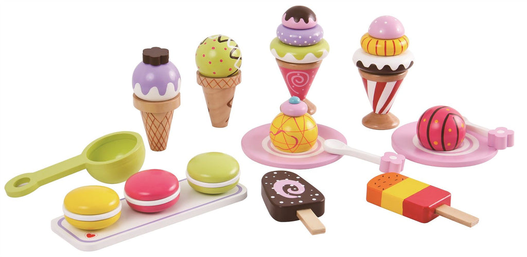 Lelin FunZone ice cream toy set with colorful cones and scoops arranged on a playful background.