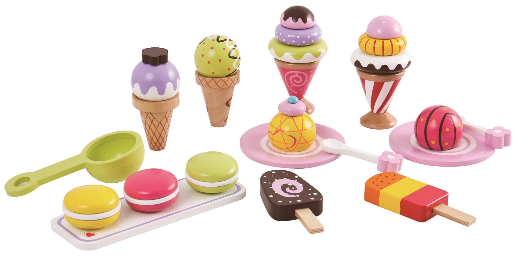 Lelin FunZone ice cream toy set with colorful cones and scoops arranged on a playful background.
