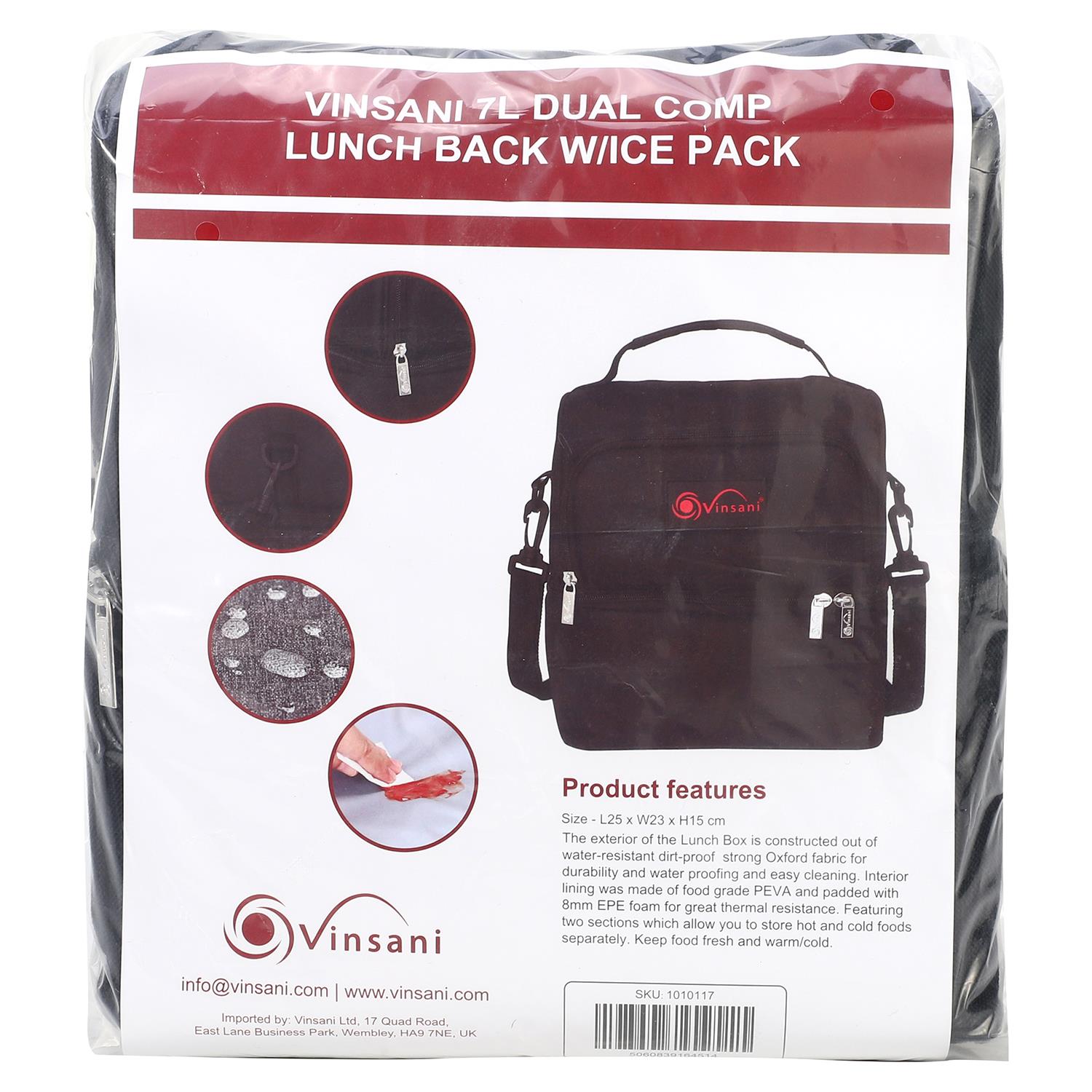 Vinsani 7L dual compartment lunch bag with ice pack, featuring a spacious design and durable fabric for meal storage.