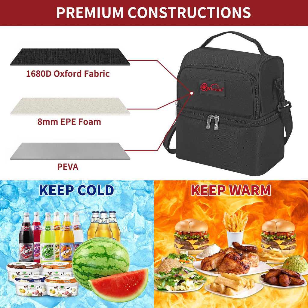 Vinsani 7L dual compartment lunch bag with ice pack, featuring a spacious design and stylish exterior for meal storage.
