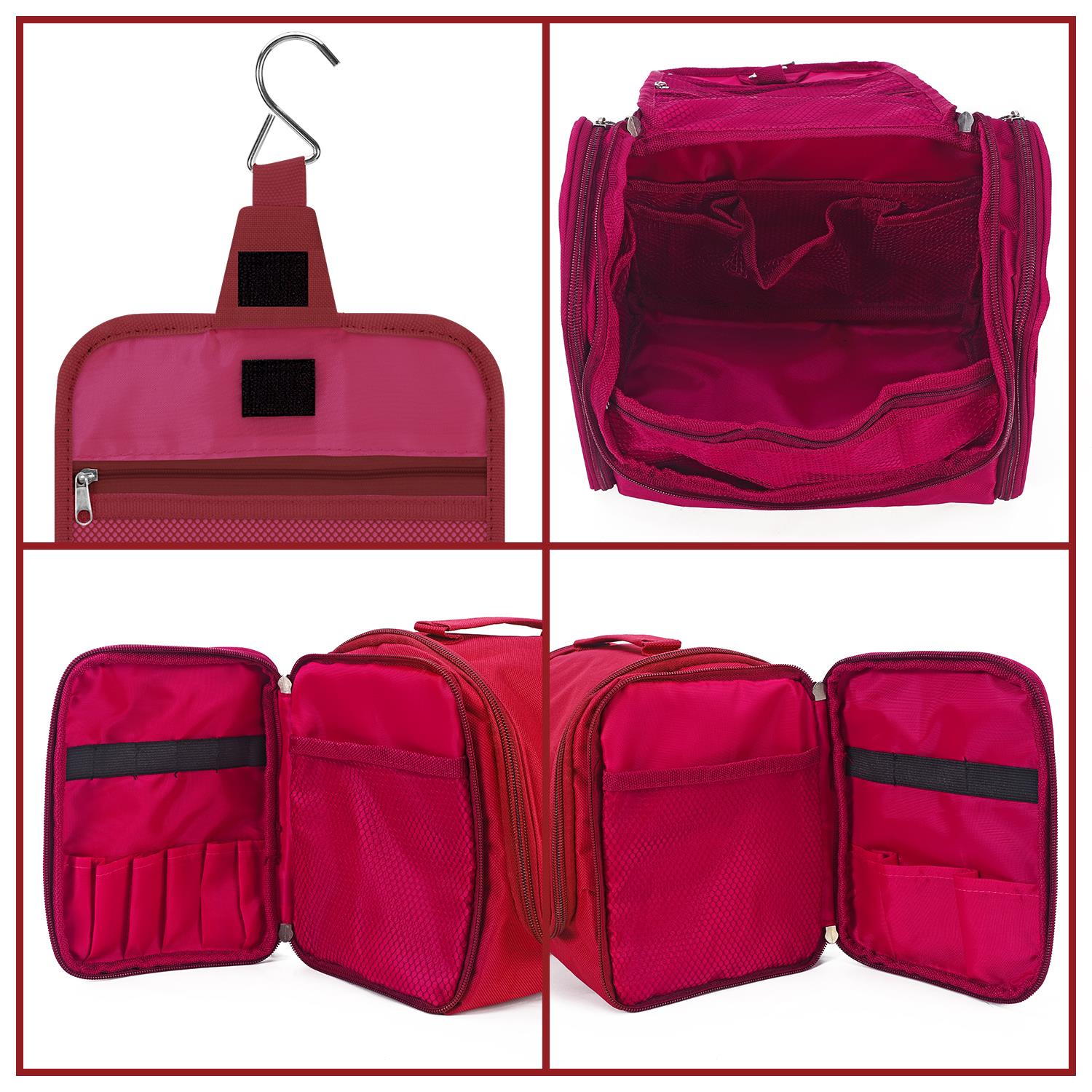 Hot pink Vinsani toiletry bag, waterproof travel organizer with multiple compartments for easy storage.