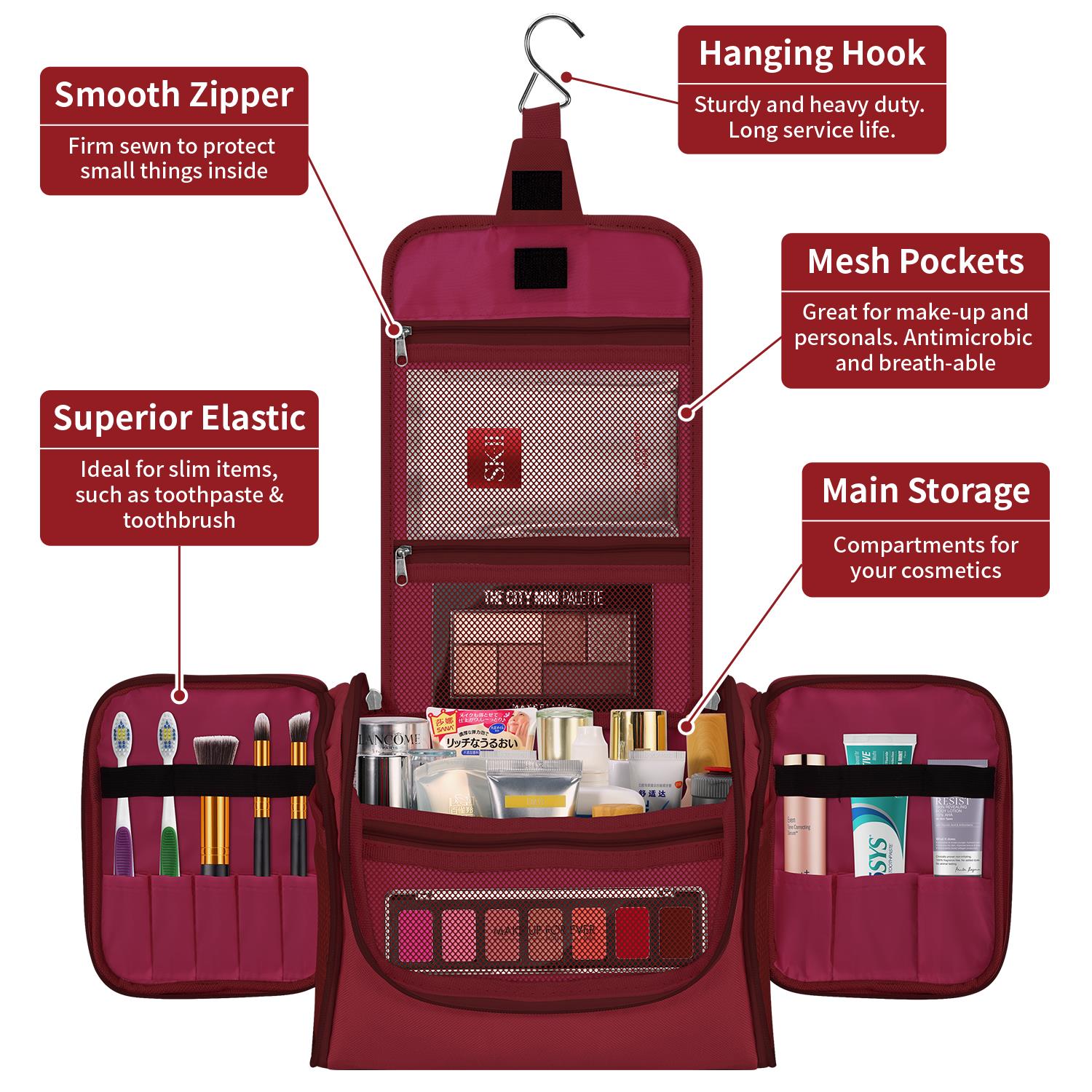 Vinsani hot pink waterproof toiletry bag with multiple compartments for travel organization.