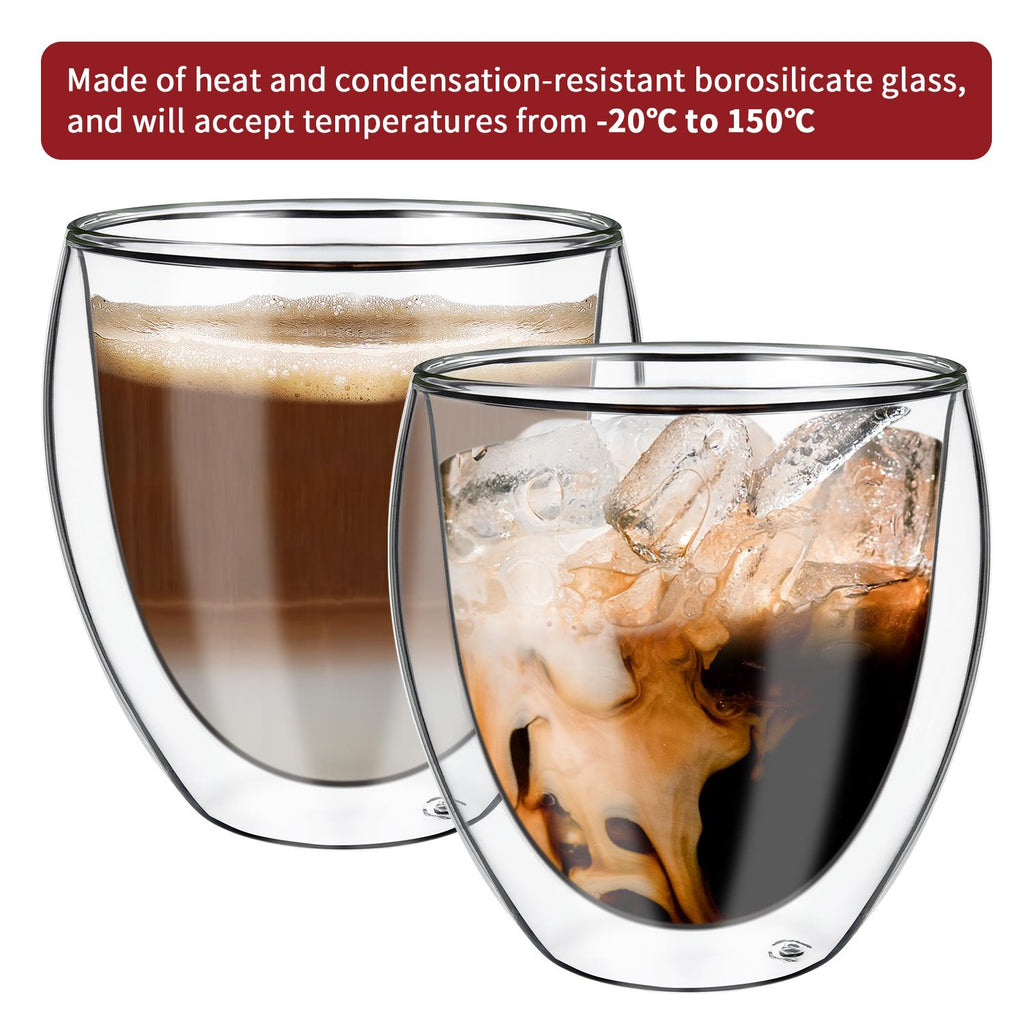 Double wall borosilicate glasses in Cava design, 2 pack, by Vinsani, showcasing elegant shape and thermal insulation.