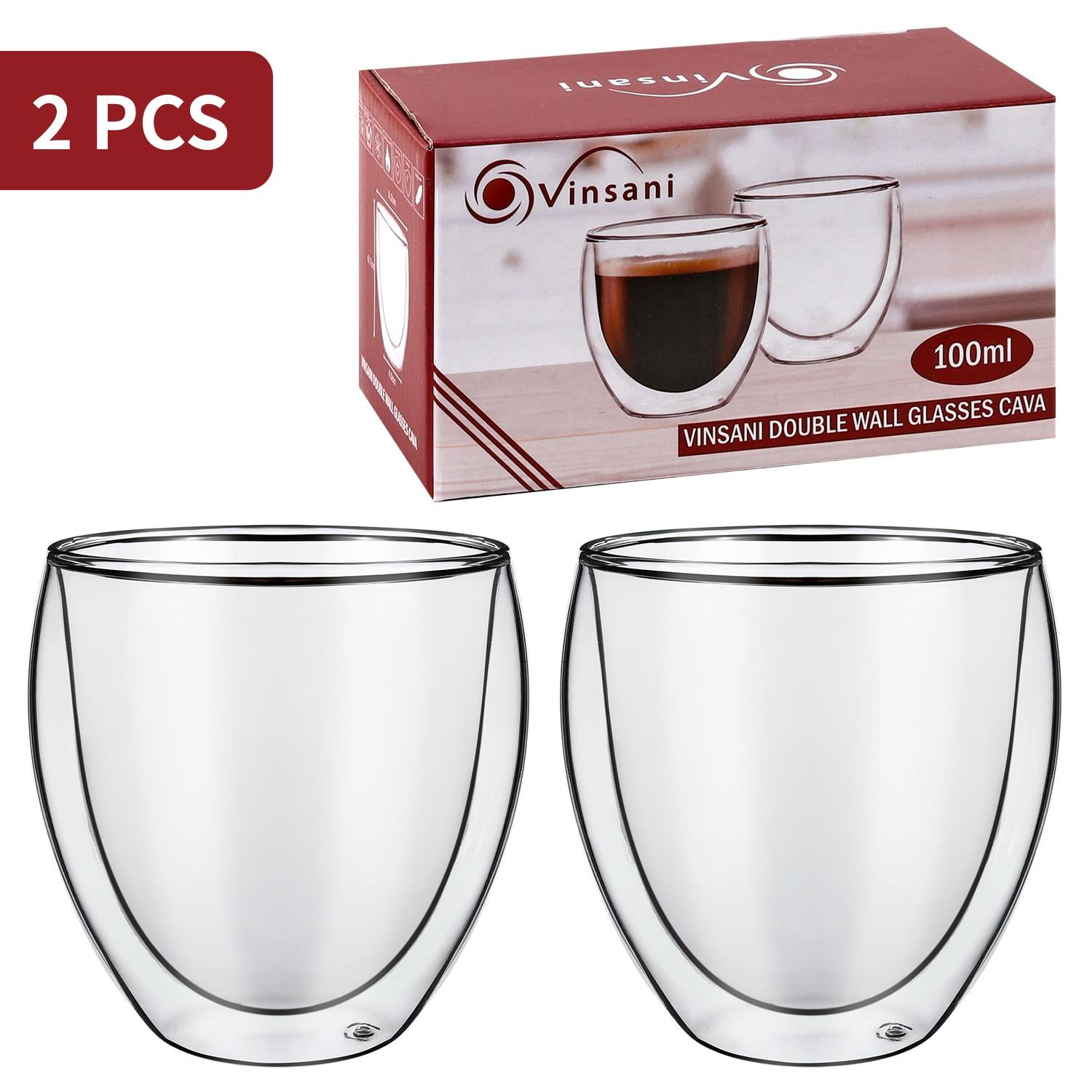 Double wall borosilicate glass cups in Cava design, 2 pack by Vinsani, showcasing elegant and heat-resistant features.