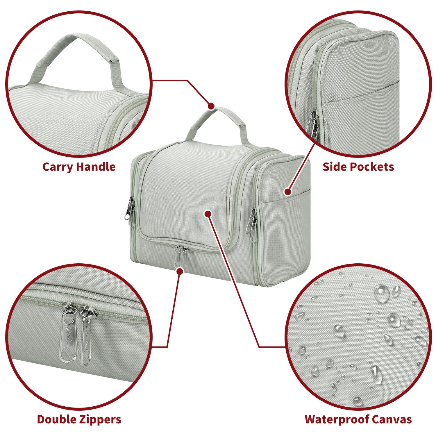 Light grey Vinsani toiletry bag, hanging travel organizer with hook, featuring a waterproof design and spacious compartments.