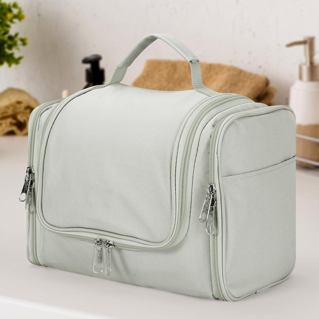 Light grey Vinsani hanging travel organizer toiletry bag with hook, showcasing waterproof design and multiple compartments.