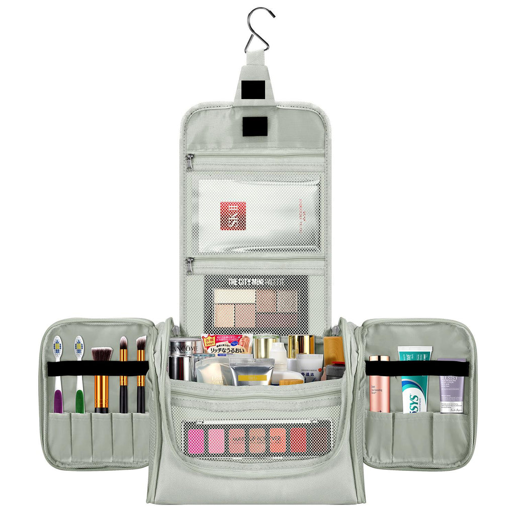 Light grey Vinsani toiletry bag hanging travel organizer with hook, showcasing waterproof design and multiple compartments.