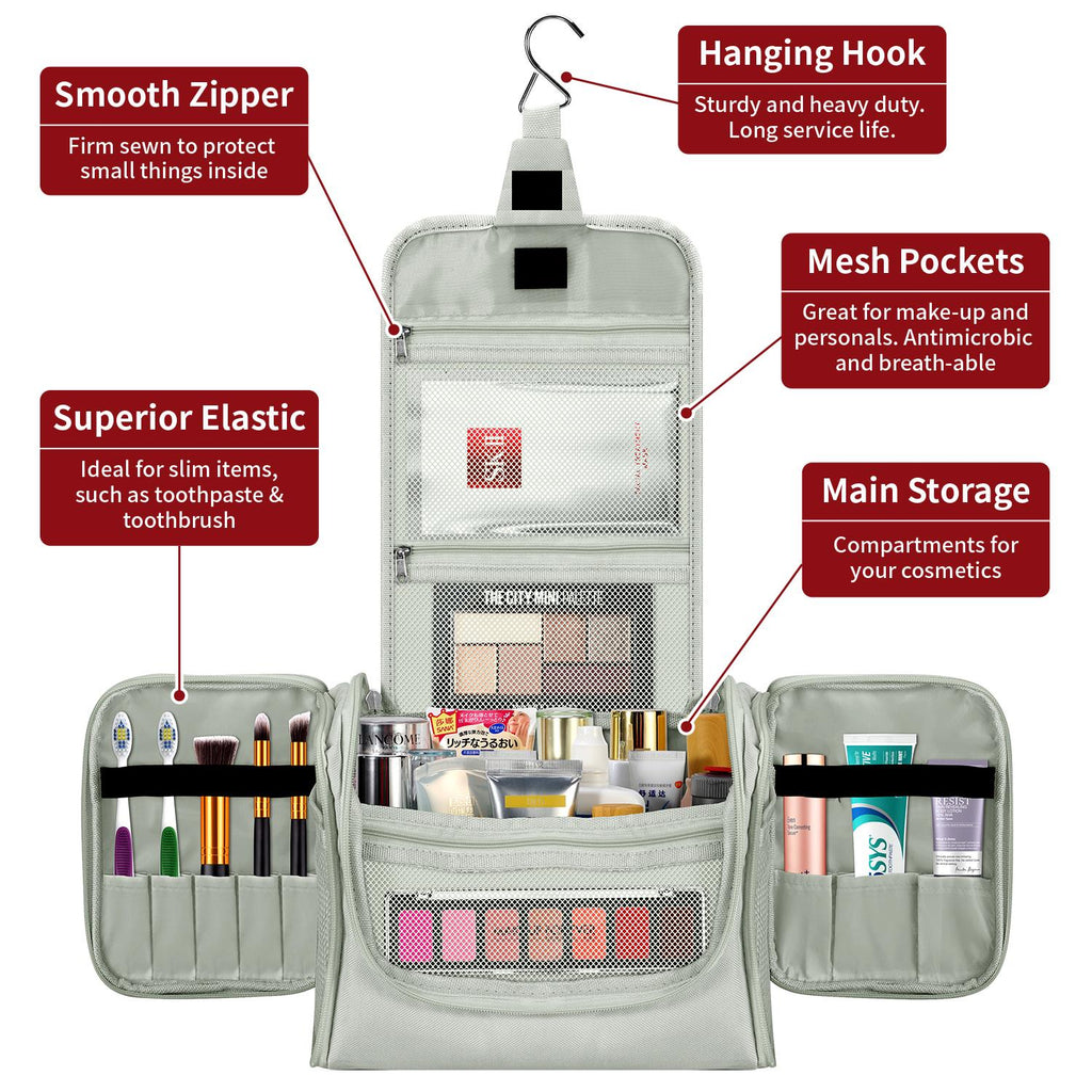 Light grey Vinsani toiletry bag, waterproof hanging travel organizer with hook, displayed open showing compartments.