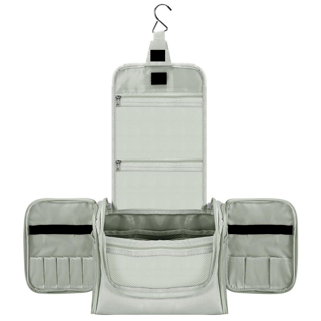 Light grey Vinsani toiletry bag, hanging travel organizer with hook, showcasing waterproof material and multiple storage pockets.