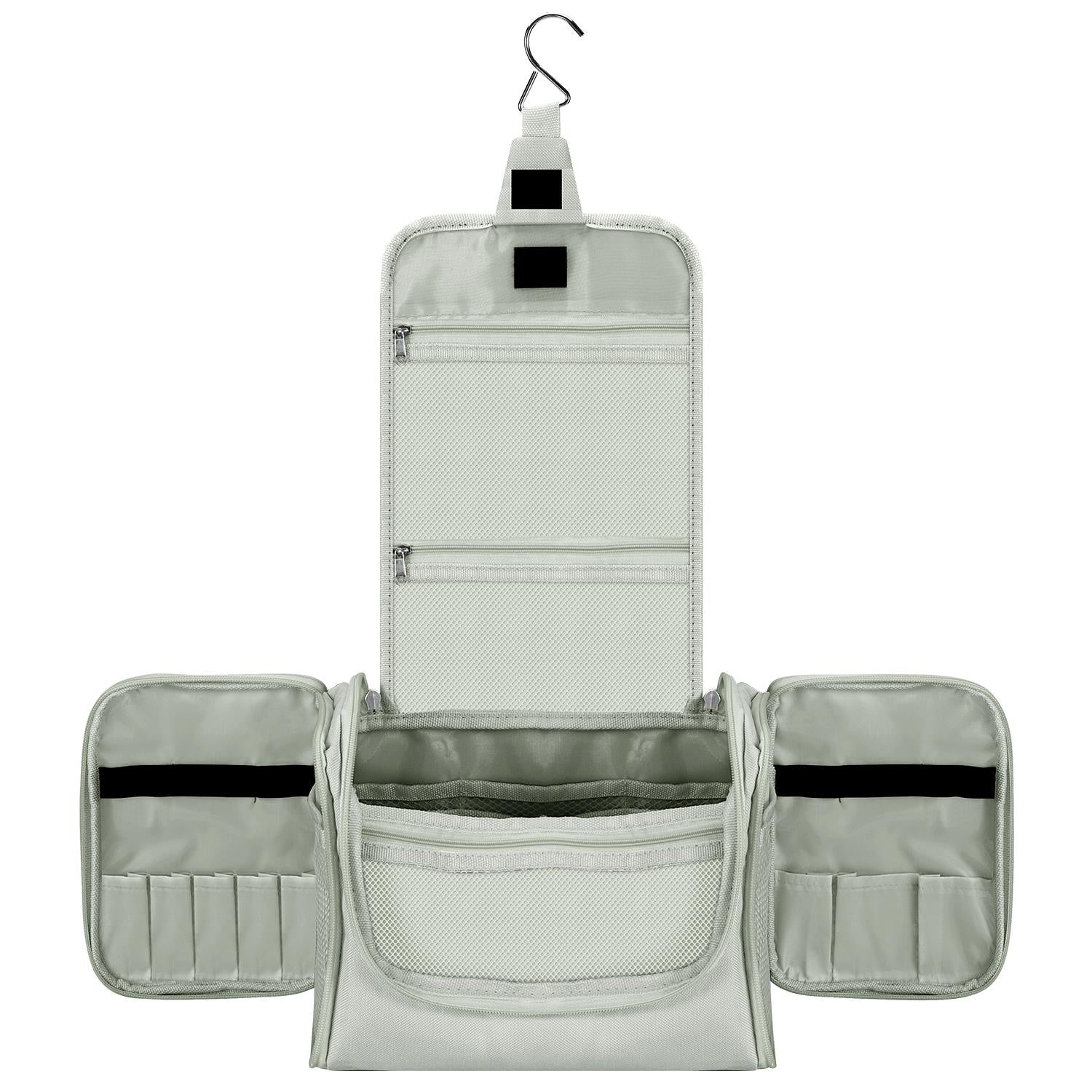 Light grey Vinsani toiletry bag, hanging travel organizer with hook, showcasing waterproof material and multiple storage pockets.