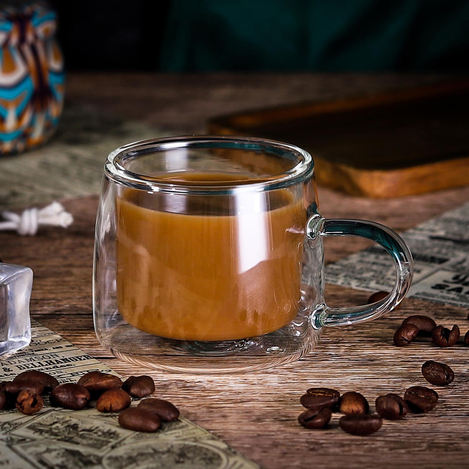 Set of two 80ml double wall borosilicate glasses by Vinsani, showcasing a modern design ideal for hot and cold beverages.