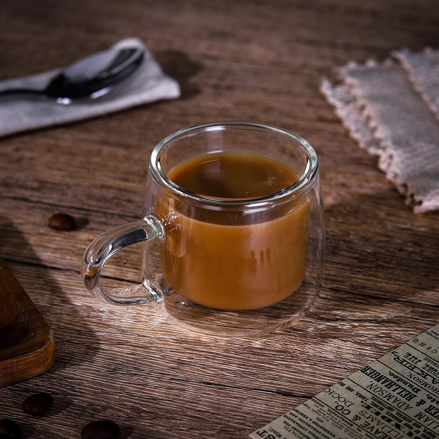 Double wall borosilicate glasses in a 2 pack, 80ml each, showcasing KAFO design by Vinsani for stylish beverage enjoyment.