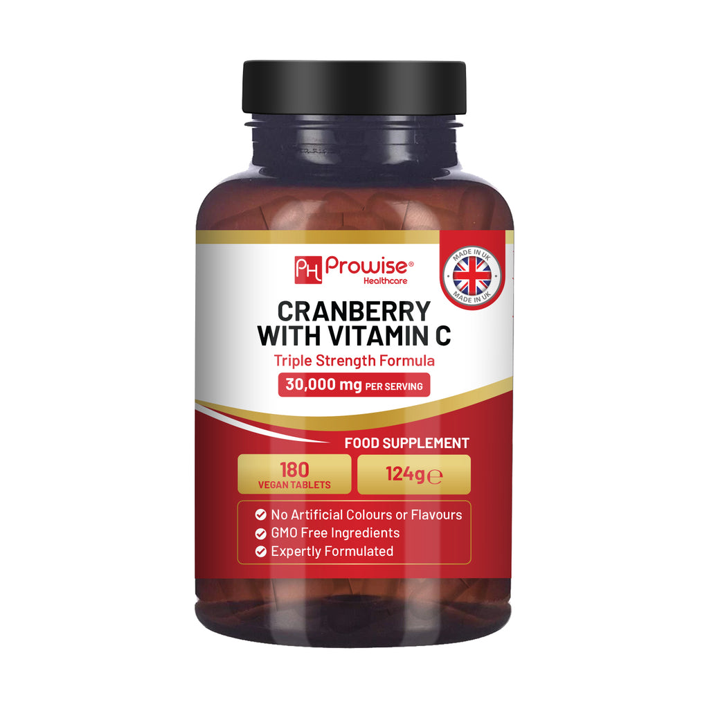Triple Strength Cranberry 30,000mg vegan tablets with Vitamin C, Prowise Healthcare, in a bottle with clear label.