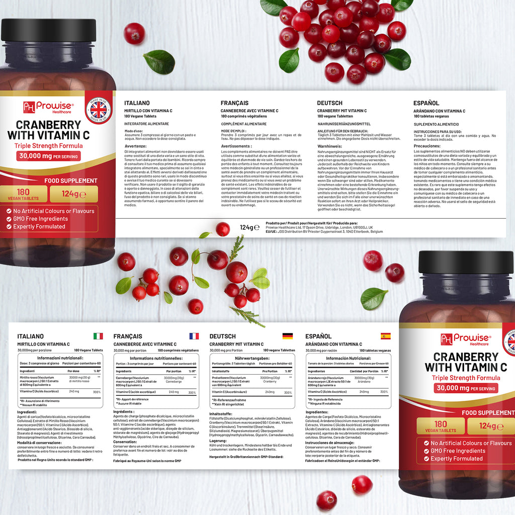 Triple Strength Cranberry 30,000mg vegan tablets with Vitamin C by Prowise, displayed in a clean, bright setting.