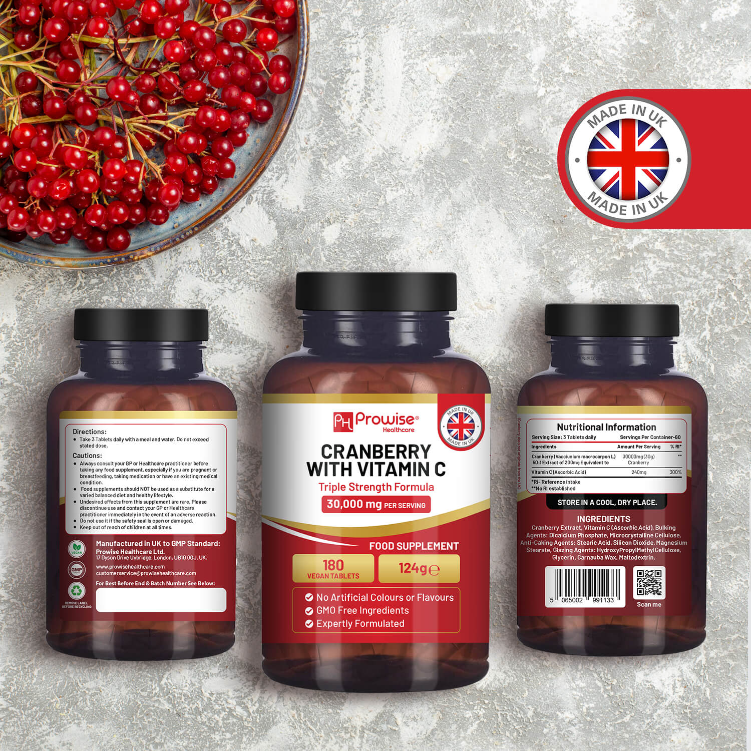 Triple strength cranberry 30,000mg vegan tablets with Vitamin C by Prowise, packaged in a bottle.