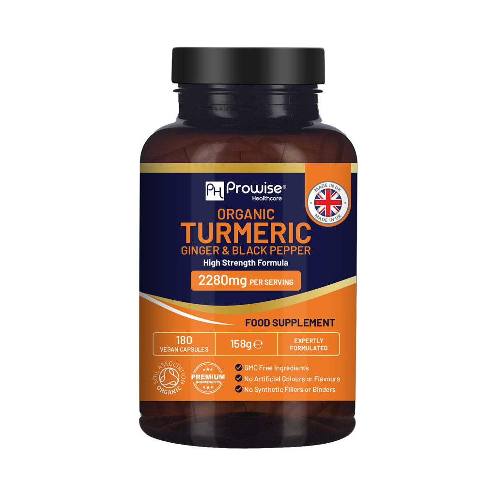 Organic Turmeric capsules with Black Pepper and Ginger by Prowise Healthcare, showcasing 180 vegan capsules in a bottle.