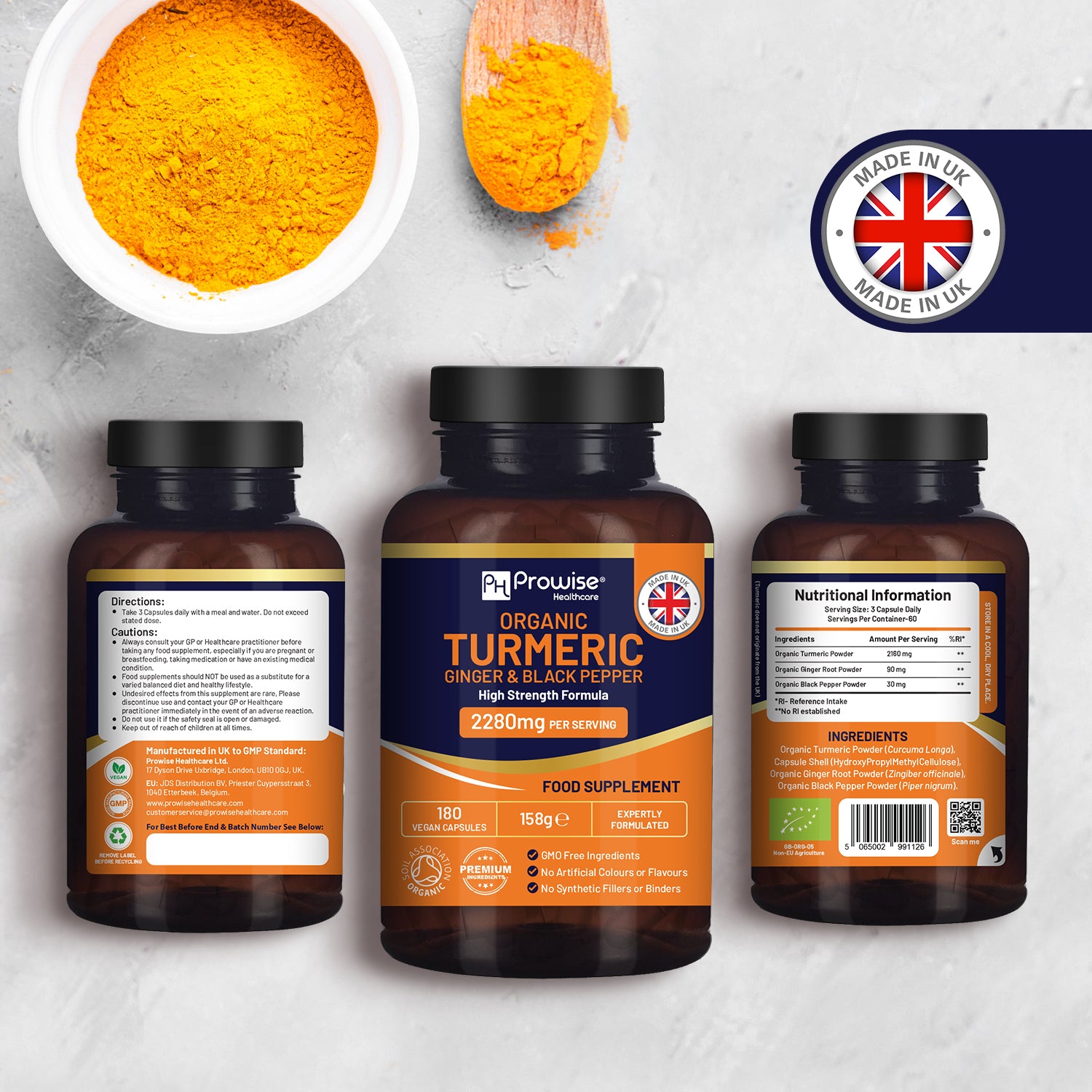 High-strength organic turmeric capsules with black pepper and ginger, 180 vegan capsules by Prowise Healthcare.