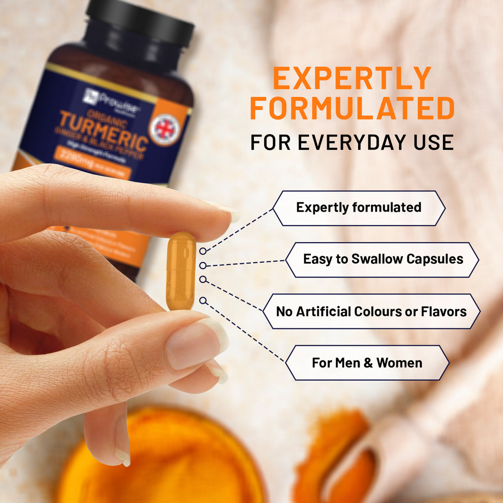 High strength GlowCare organic turmeric capsules with black pepper and ginger, 180 vegan capsules from Prowise Healthcare.
