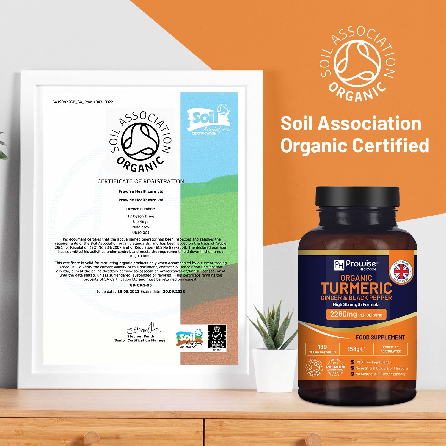 High strength Organic Turmeric capsules with black pepper and ginger by Prowise Healthcare, 180 vegan capsules in a bottle.
