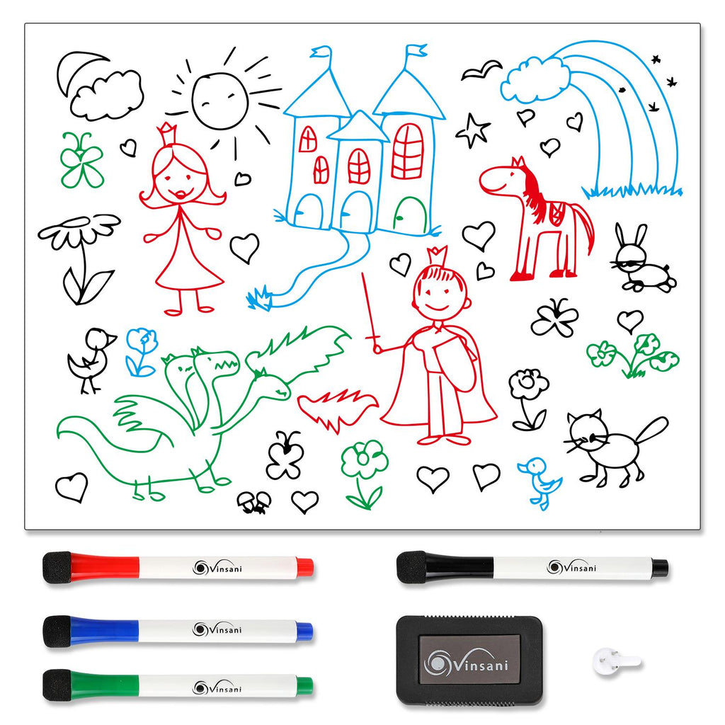 Magnetic whiteboard 60x90cm by Vinsani with multifunctional planner, pens, and eraser displayed on a wall.