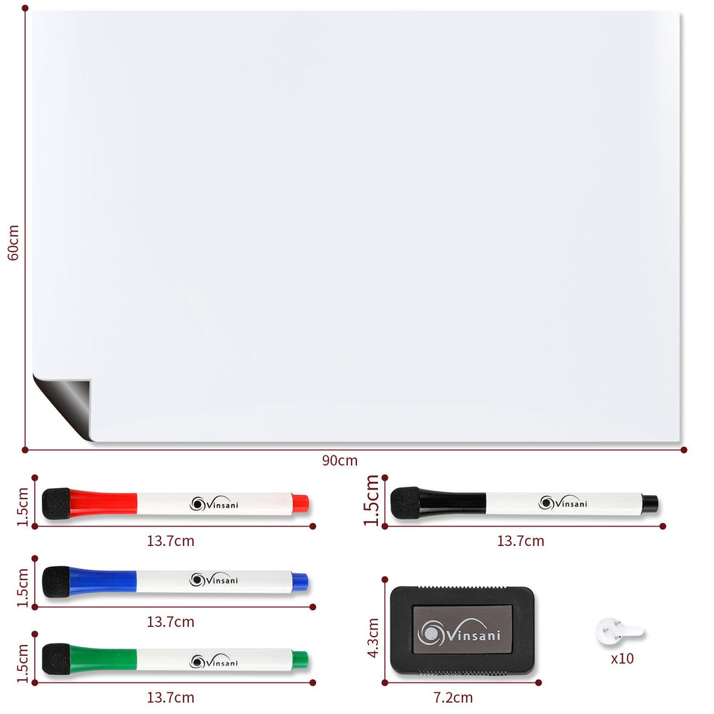 Vinsani Magnetic Whiteboard 60x90cm with multifunctional planner, pens, and eraser on a clean wall background.